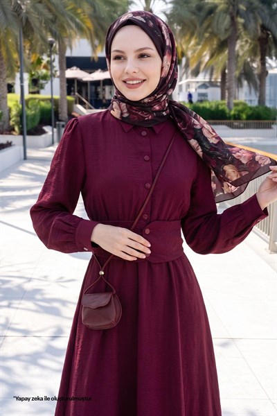 Düğmeli Beli Lastikli Bordo Elbise