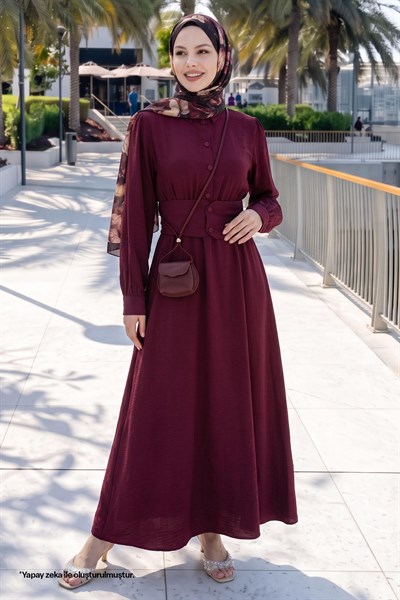 Düğmeli Beli Lastikli Bordo Elbise