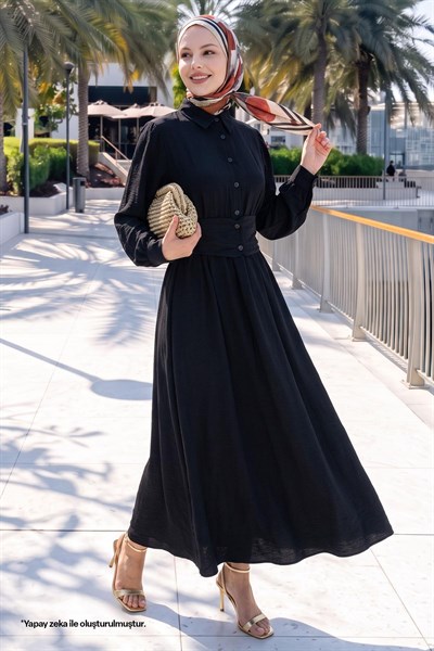 Düğmeli Beli Lastikli Siyah Elbise