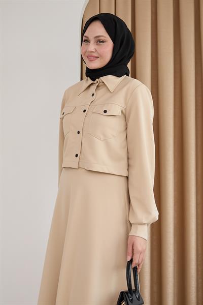 Düğmeli Bolerolu Etekli Bej Takım