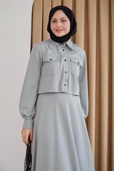 Düğmeli Bolerolu Etekli Gri Takım