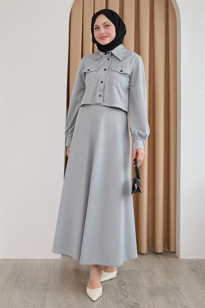 Düğmeli Bolerolu Etekli Gri Takım