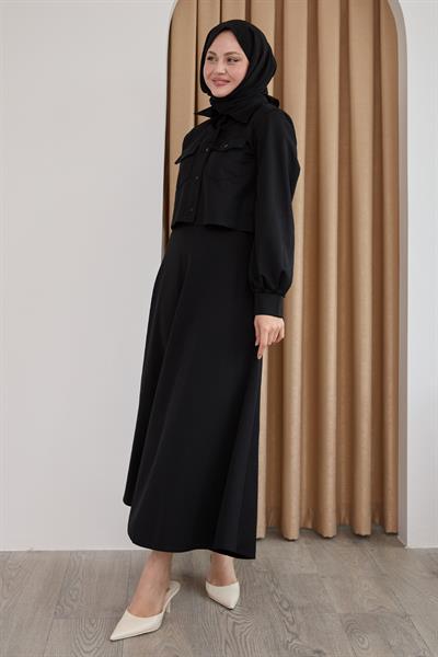 Düğmeli Bolerolu Etekli Siyah Takım