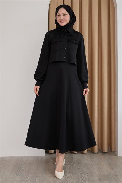 Düğmeli Bolerolu Etekli Siyah Takım