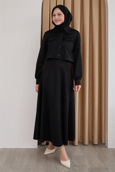 Düğmeli Bolerolu Etekli Siyah Takım