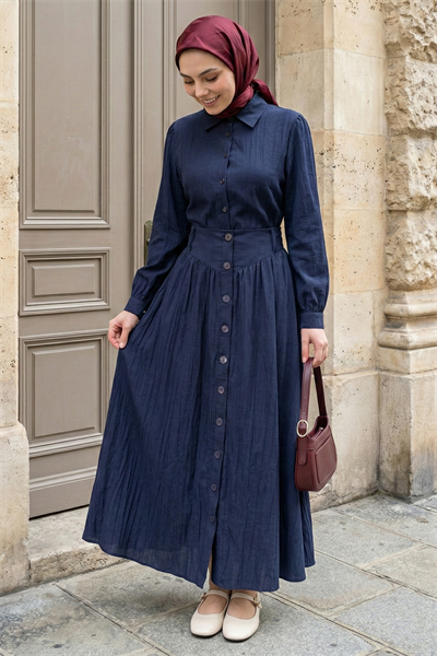 Düğmeli Etek Gömlekli Lacivert İkili Takım