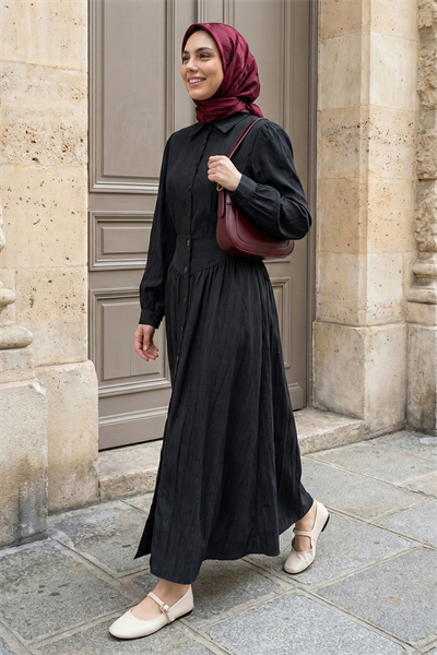 Düğmeli Etek Gömlekli Siyah İkili Takım