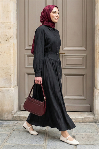 Düğmeli Etek Gömlekli Siyah İkili Takım