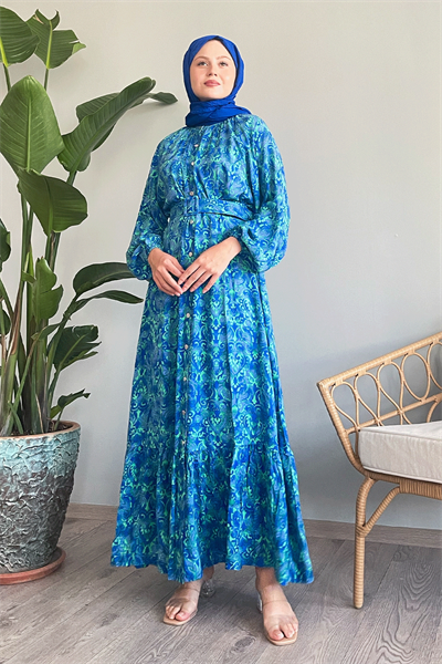 Düğmeli Etnik Kemerli Mavi Viskon Elbise