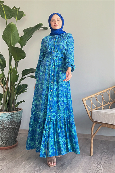 Düğmeli Etnik Kemerli Mavi Viskon Elbise