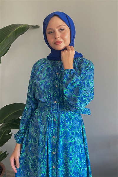 Düğmeli Etnik Kemerli Mavi Viskon Elbise
