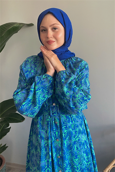 Düğmeli Etnik Kemerli Mavi Viskon Elbise