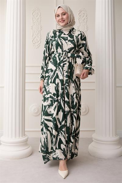 Düğmeli Fırça Desen Haki Viskon Elbise