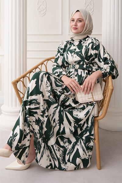 Düğmeli Fırça Desen Haki Viskon Elbise