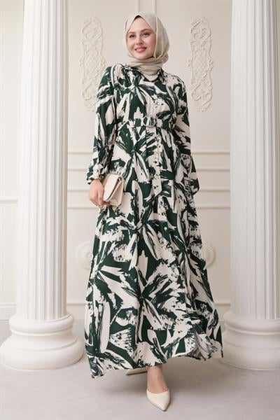 Düğmeli Fırça Desen Haki Viskon Elbise