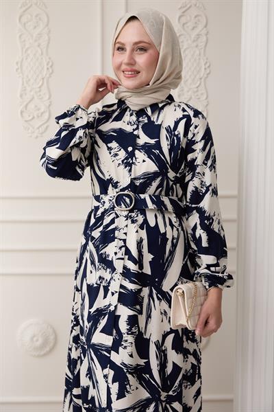 Düğmeli Fırça Desen Lacivert Viskon Elbise