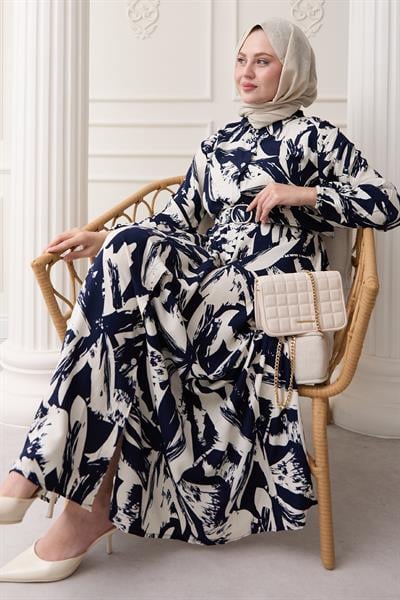 Düğmeli Fırça Desen Lacivert Viskon Elbise