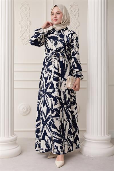 Düğmeli Fırça Desen Lacivert Viskon Elbise