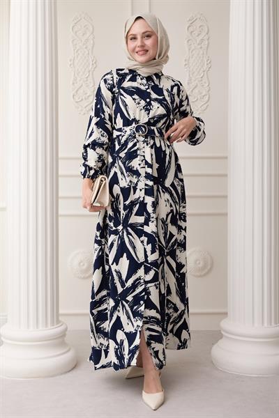 Düğmeli Fırça Desen Lacivert Viskon Elbise