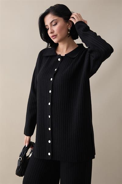 Düğmeli Fitilli Siyah Triko Takım