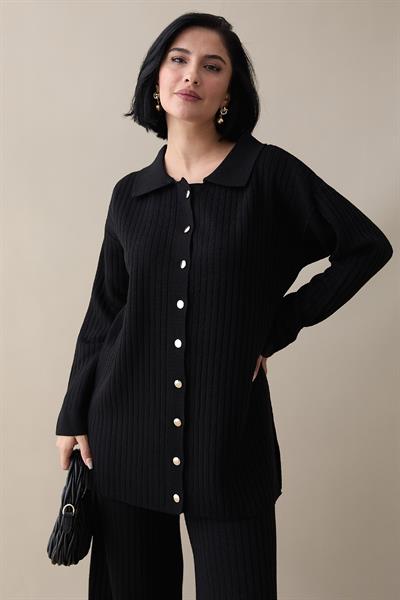 Düğmeli Fitilli Siyah Triko Takım