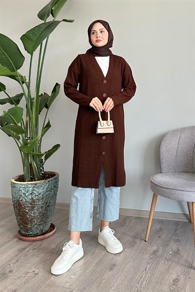 Düğmeli Fitilli Uzun Acı Kahve Triko Hırka