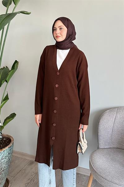 Düğmeli Fitilli Uzun Acı Kahve Triko Hırka