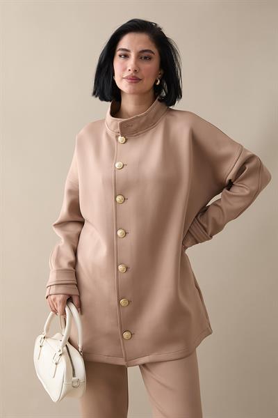 Düğmeli Hakim Yaka Camel Scuba Takım