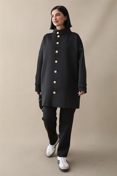 Düğmeli Hakim Yaka Siyah Scuba Takım