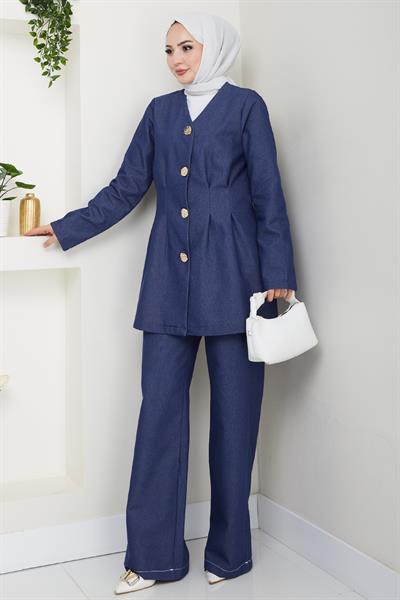 Düğmeli Kot İkili Takım Lacivert