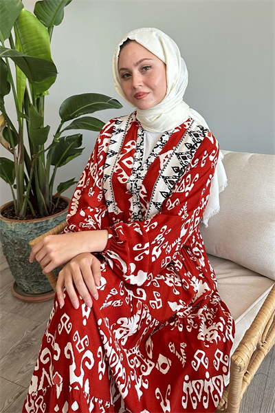 Düğmeli Salaş Desenli Kiremit Viskon Elbise