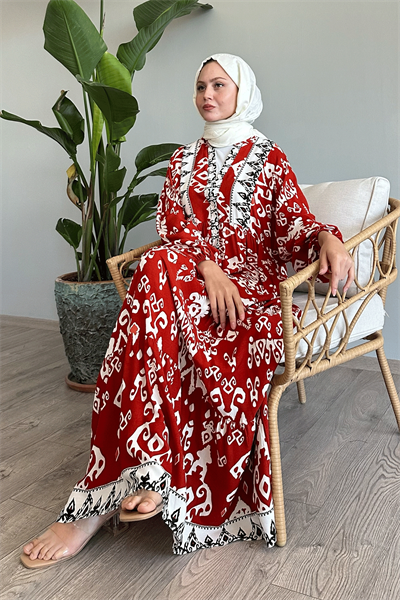 Düğmeli Salaş Desenli Kiremit Viskon Elbise