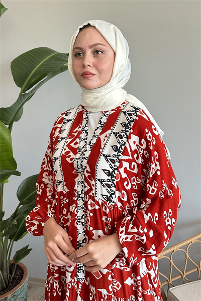 Düğmeli Salaş Desenli Kiremit Viskon Elbise