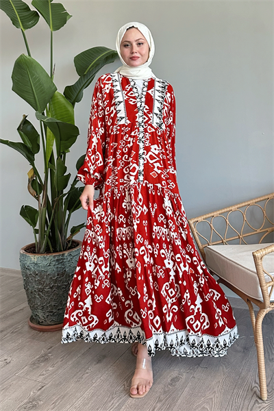 Düğmeli Salaş Desenli Kiremit Viskon Elbise