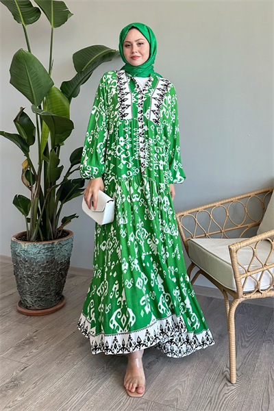 Düğmeli Salaş Desenli Yeşil Viskon Elbise