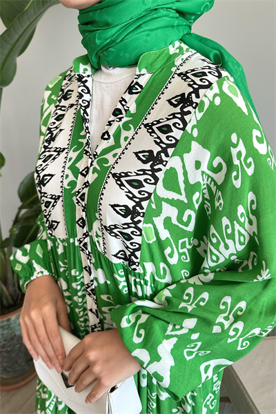 Düğmeli Salaş Desenli Yeşil Viskon Elbise