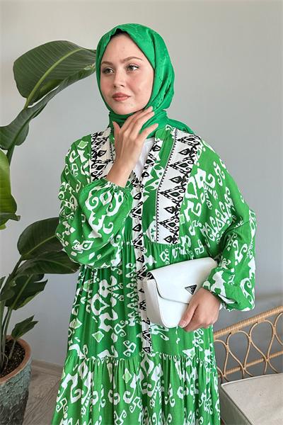 Düğmeli Salaş Desenli Yeşil Viskon Elbise