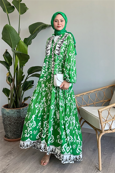 Düğmeli Salaş Desenli Yeşil Viskon Elbise