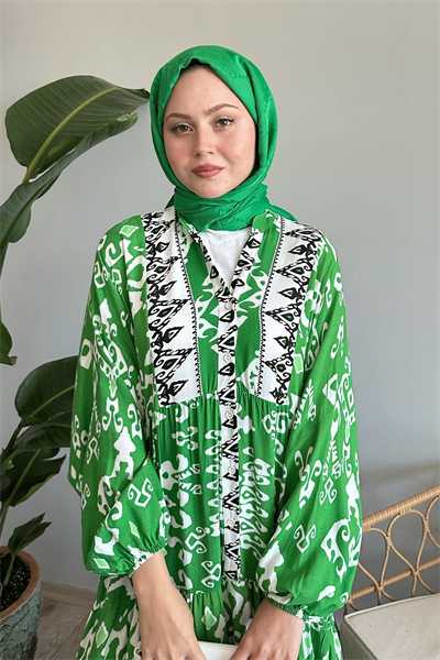 Düğmeli Salaş Desenli Yeşil Viskon Elbise