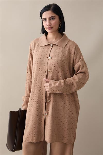 Düğmeli Üçlü Camel Triko Takım