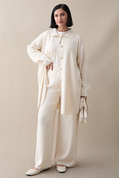 Düğmeli Üçlü Ekru Triko Takım