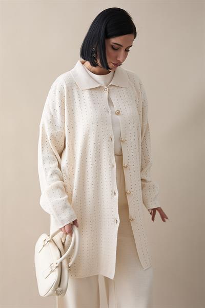 Düğmeli Üçlü Ekru Triko Takım