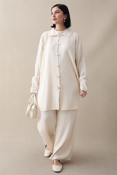 Düğmeli Üçlü Ekru Triko Takım