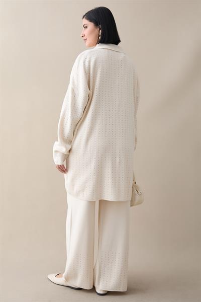 Düğmeli Üçlü Ekru Triko Takım