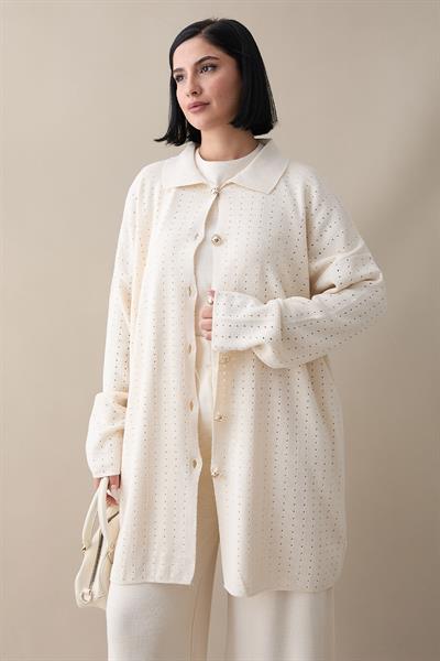 Düğmeli Üçlü Ekru Triko Takım