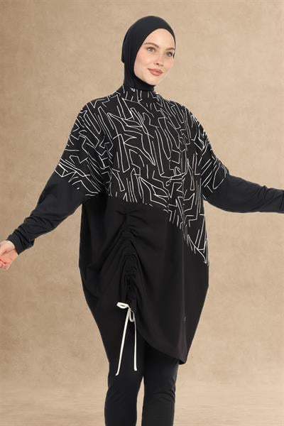 Düşük Omuz Kol Siyah Tesettür Mayo 6298A