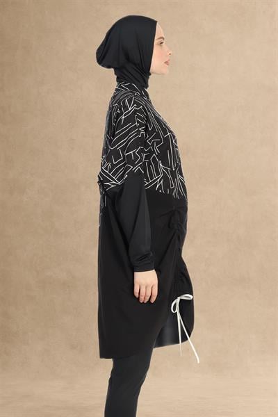 Düşük Omuz Kol Siyah Tesettür Mayo 6298A
