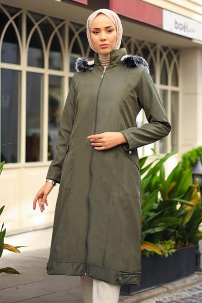 Düz Apolet Metal Cep Detaylı Mont - Haki