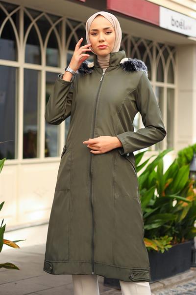 Düz Apolet Metal Cep Detaylı Mont - Haki