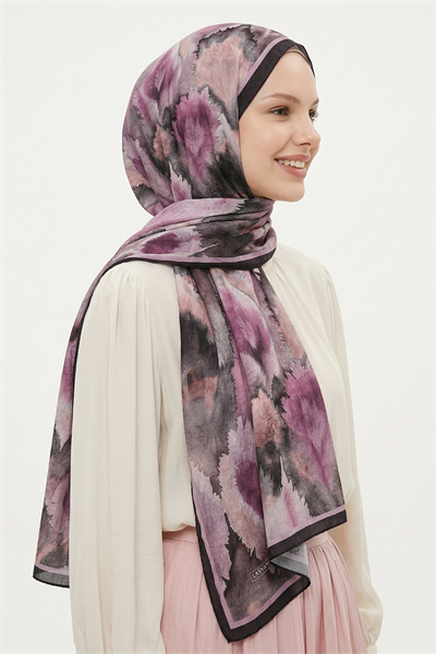 Ebruli Desen Dijital Baskılı Pudra Bambu Şal